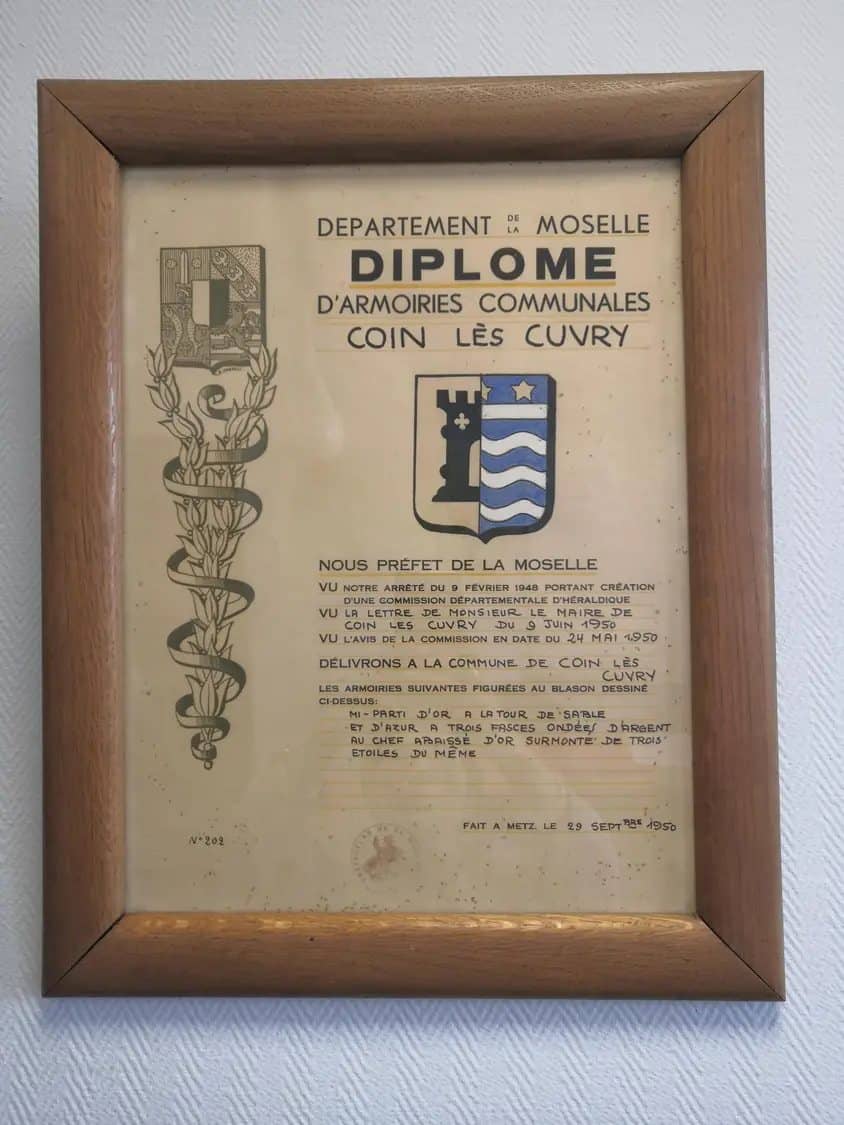 Diplôme d'armoiries communales de Coin-lès-Cuvry, 1950